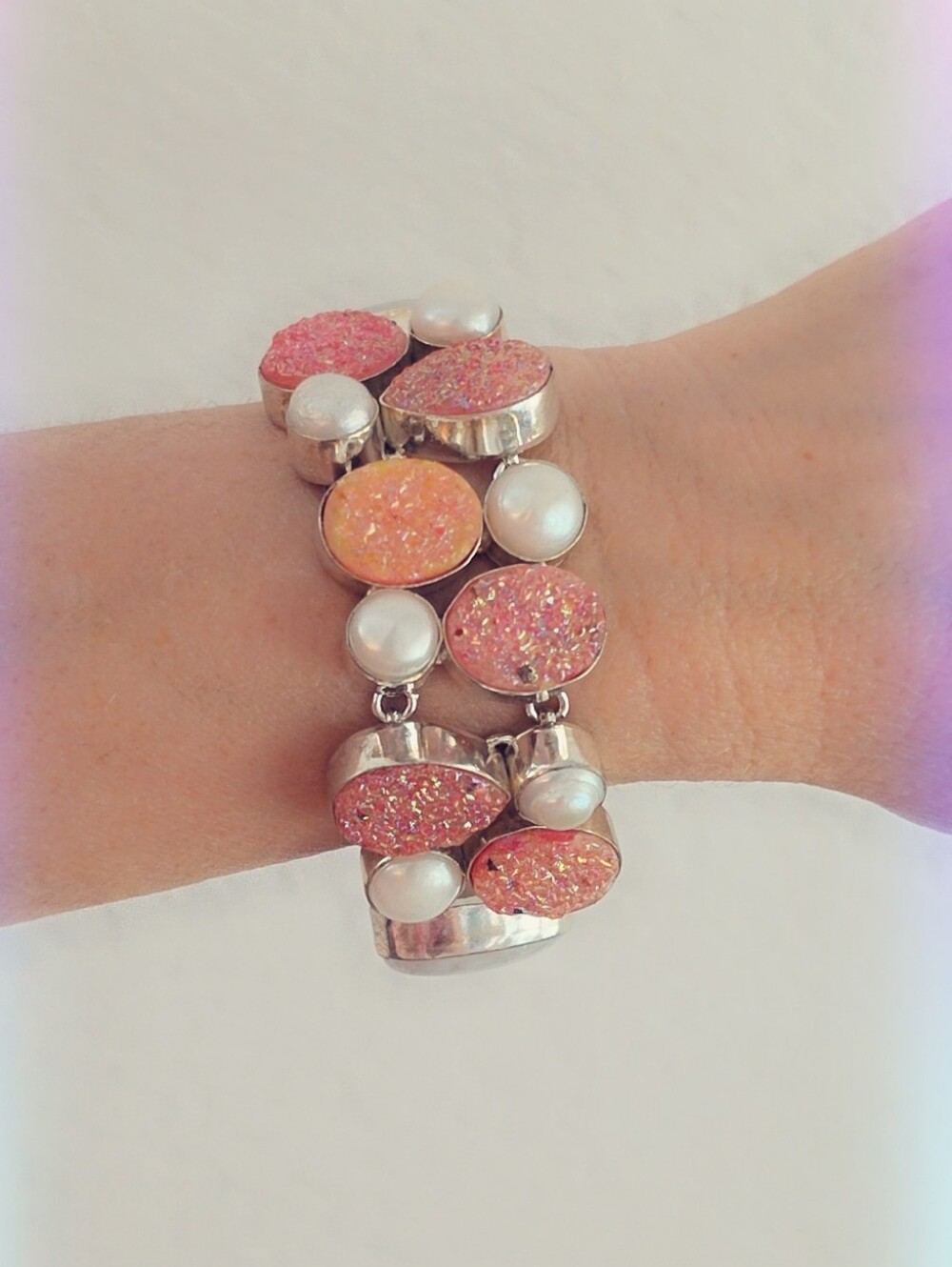 Druzy, Pearl, & Moonstone Gemstone Estate Bracelet Sterling Silver 925